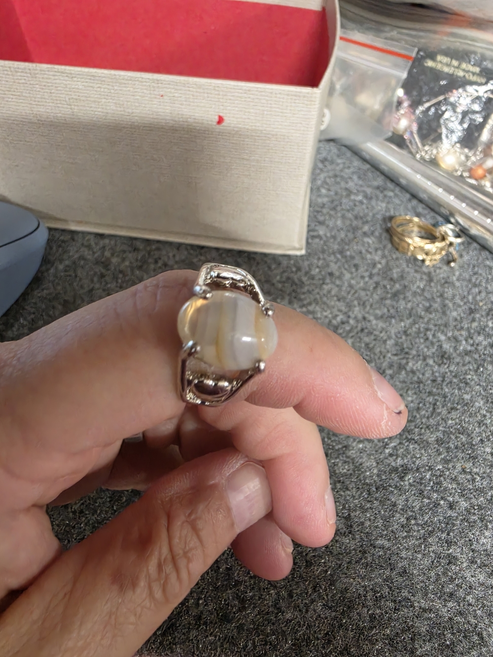 AT-1 Sterling Silver Cream Band Agate Statement Ring